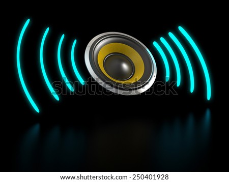 Abstract Loud Speaker With Blue Sound Waves on Black background