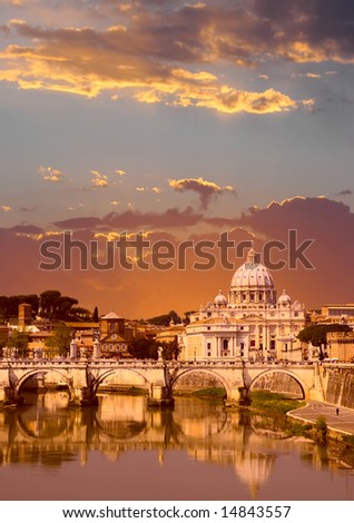 Sunset view of the Vatican with Saint Peter\'s Basilica and Sant\'Angelo\'s Bridge (Rome, Italy)