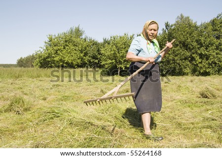 The old woman on the nature in the field with a rake works in the summer