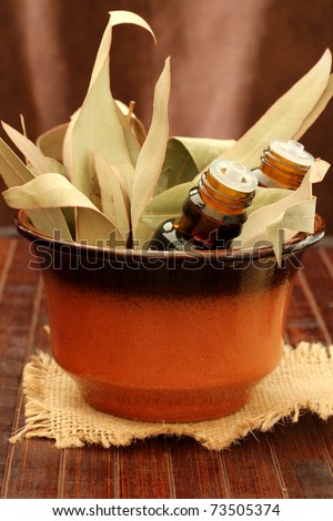 Close up bottles of essential oil and gum leaves(eucalyptus leaf)