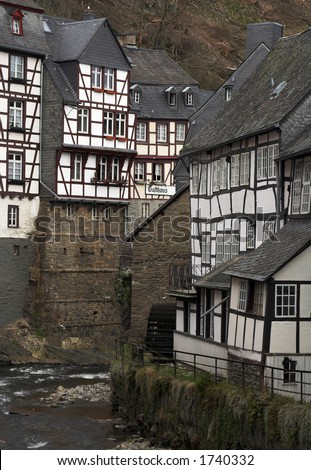 Historic center of Monschau village (Germany) at the Rur river.