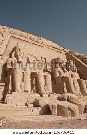 Abu Simbel Temple of King Ramses II, a masterpiece of pharaonic arts and buildings in Old Egypt
