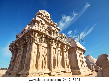 Panch Rathas Monolithic Hindu Temple in Mahabalipuram. Great South Indian architecture, UNESCO World Heritage Site. South India, Tamil Nadu, Mahabalipuram