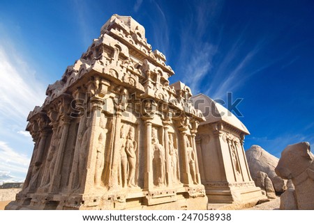 Panch Rathas Monolithic Hindu Temple in Mahabalipuram. Great South Indian architecture, UNESCO World Heritage Site. South India, Tamil Nadu, Mahabalipuram