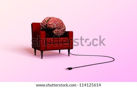 big brain relaxing in a red armchair isolated on pink background