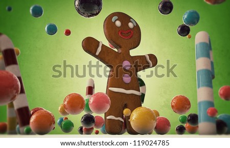 gingerbread man happy in a sweet candies world