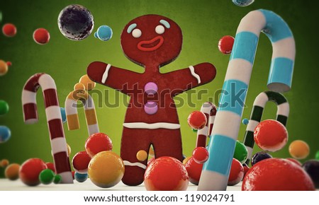 gingerbread man happy in a sweet candies world