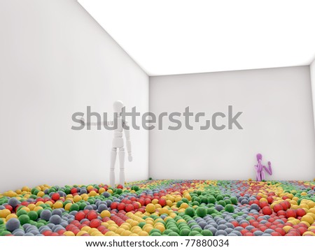dummies in a white room with colored balls on the floor