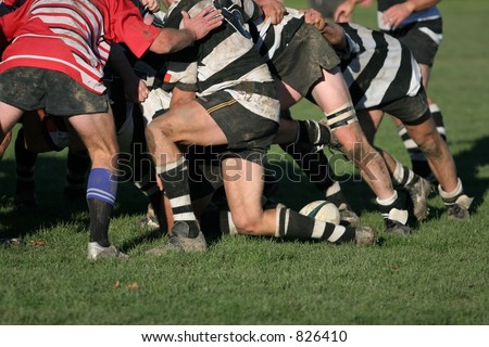 Shot of a rugby scrum at ground level with the ball coming back.  Logos on boots etc. removed.