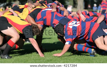 Rugby scrum at the senior club level in New Zealand.  Darfield v Kirwee on Kirwee\'s home field.