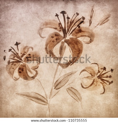 Tiger Lilies Ink Painting on grunge background
