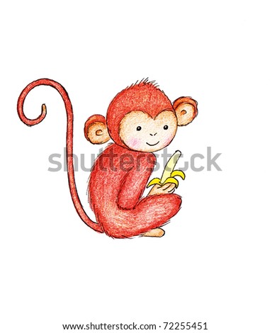 Black And White Monkey Drawing. stock photo : drawing of monkey with banana on white background