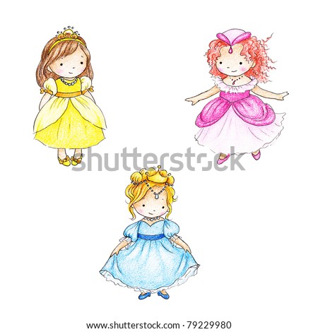 stock photo collection of three cute little fairy tale princesses on white