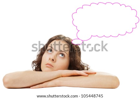 dreaming girl isolated on white background in Rafael's angel pose