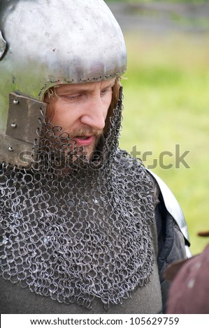 KALININGRAD, RUSSIA - JUNE 17: the man in a suit of the Teutonic knight on knightly tournament \