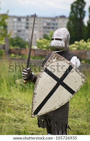 KALININGRAD, RUSSIA - JUNE 17: man in suit of Teutonic knight on knightly tournament \