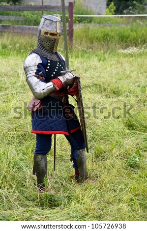 KALININGRAD, RUSSIA - JUNE 17: man in suit of Teutonic knight on knightly tournament \