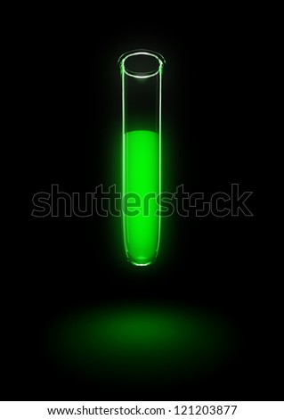 glass tube with green fluorescent liquid on black background