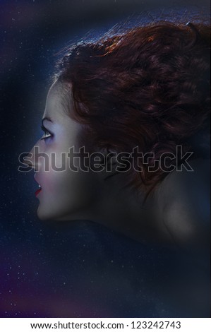 profile of witch flying in moonlight