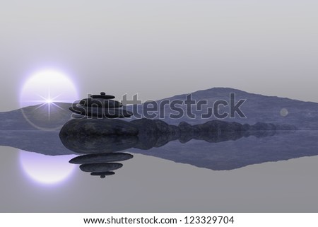 calm lake beach with stacked stones, reflections, moon, lens flare