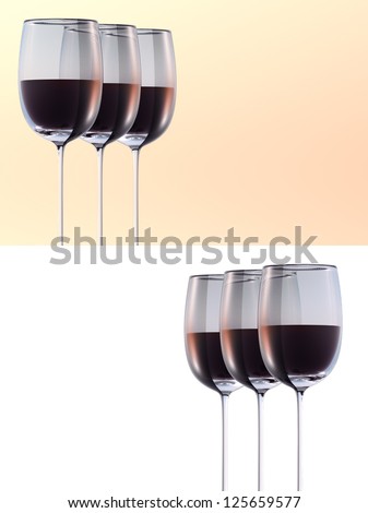set from two pictures: three wineglass with red wine on yellow pink and white isolated background with empty space for texts