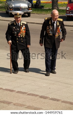 KALININGRAD, RUSSIA - MAY 07:  veterans of the World War II with their medals at street on during the victory celebration in World War II on May 07, 2013 in Kaliningrad, Russia