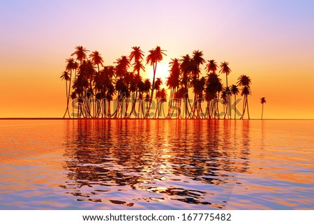 sun over coconut palms island on tranquil tropic sea