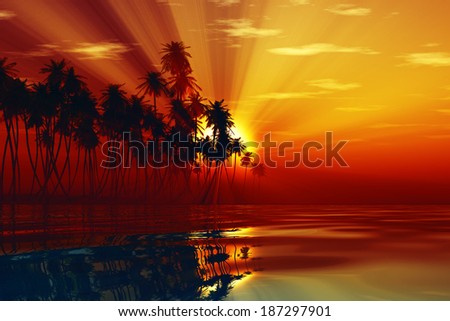 red sun rays inside coconut island on golden tropic sea