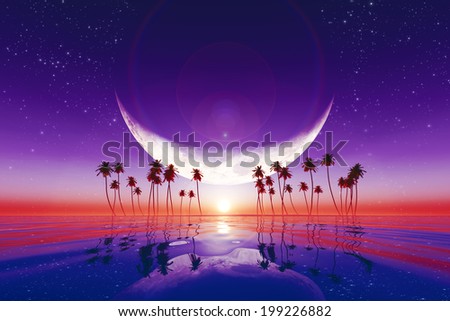 big moon over purple sunset at tropical sea with stars. Elements of this image furnished by NASA