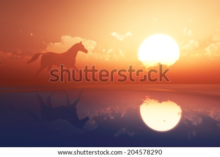 horse walk silhouette at sea sunset