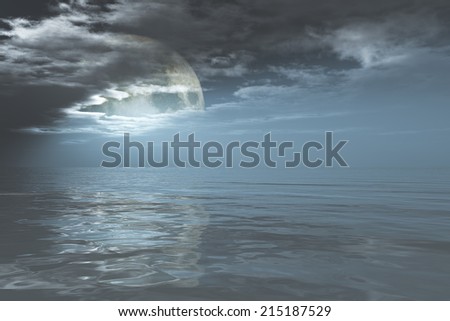 full moon in clouds over night sea