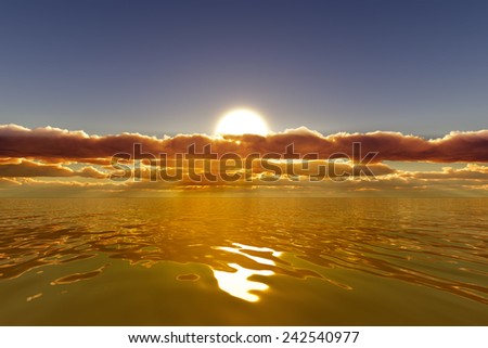 sun in clouds over golden sea with clear sky