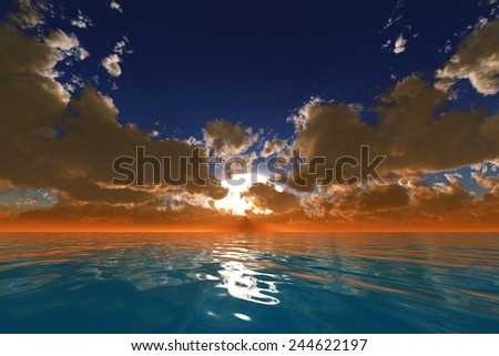 big sun with rays in clouds over calm ocean sunset