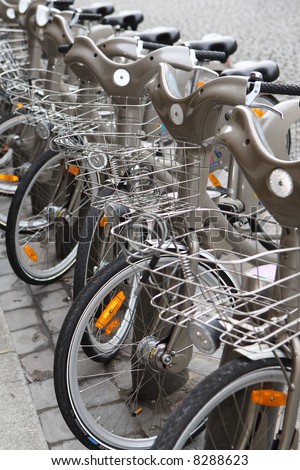 Row of hire bicycles in Paris, France