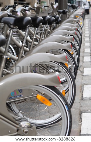 Row of hire bicycles in Paris, France