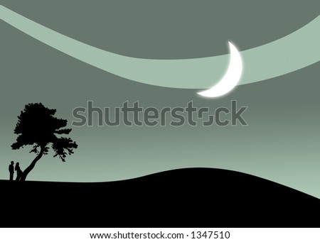 Couple kissing under tree - moon - illustration