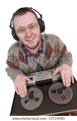 silly nerd as a dj over white background