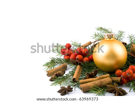Closeup picture of golden glass ball on white background with copy space