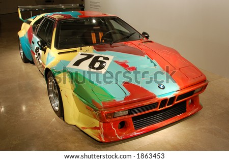 stock photo Andy Warhol painted race car a BMW M1 with sweeping strokes