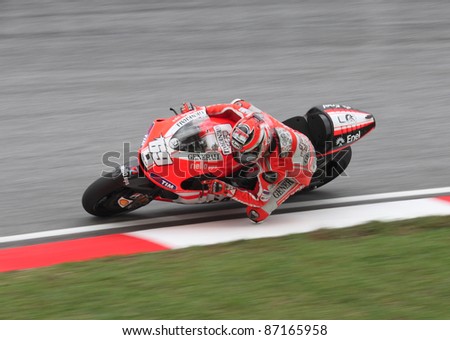 SEPANG,MALAYSIA-OCT.21:Nicky Hayden of Ducati Team in action during practice session of Shell Advance Malaysian Moto GrandPrix on Oct. 21 2011 in Sepang, Malaysia.