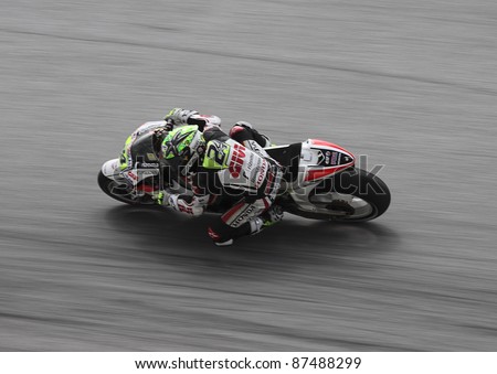 SEPANG,MALAYSIA-OCT.21:Toni Elias of LCR Honda MotoGP in action during practice session of Shell Advance Malaysian Moto GrandPrix on Oct. 21 2011 in Sepang, Malaysia.