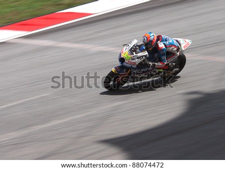 SEPANG, MALAYSIA-OCT. 21: Esteve Rabat of Blusens-STX in action during practice session of Shell Advance Malaysian Moto GrandPrix on Oct. 21 2011 in Sepang, Malaysia.