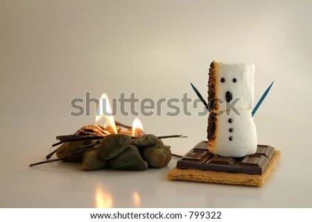 A s\'more snowman gets a bit too close to the fire and is on his way to becoming a tasty treat.