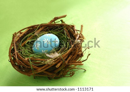Springtime Egg in Nest: Great concept shot for home decor, redecorating, Easter, spring, rejuvenation, birth, growth, etc. Space for copy.