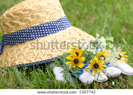 Freshly Picked: Freshly picked flowers lay with the gardener\'s hat and gardening gloves in the grass on a summer\'s day. Shallow DoF with focus on middle yellow daisy/middle finger of glove.