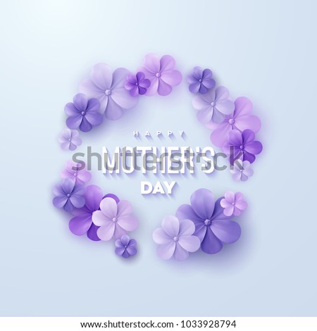 Happy Mothers Day. Vector holiday illustration with violet 3d paper flowers garland and text label. Realistic 3d spring banner. I love you mom. Holiday sale or offer sign