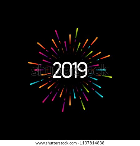 Happy New 2019 Year. Holiday vector illustration with festive typographic composition. New Year 2019 Label With Graphic Multicolored Firework Shape. Happy NYE Logo Design