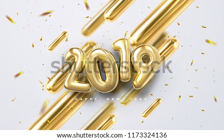 Happy New 2019 Year. Vector holiday illustration of golden 3d geometric primitives and 2019 bubble numbers. Festive sing with sparkling confetti glitters. Trendy cover design