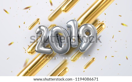 Happy New 2019 Year. Vector holiday illustration of golden 3d geometric primitives, silver 2019 bubble numbers and shiny tinsel. Festive sing with sparkling confetti glitters. Trendy cover design