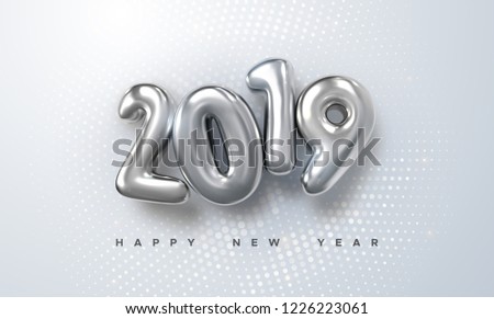 Happy New 2019 Year. Holiday vector illustration of silver metallic numbers 2019 and radial halftone pattern. Realistic 3d sign. Festive poster or banner design
